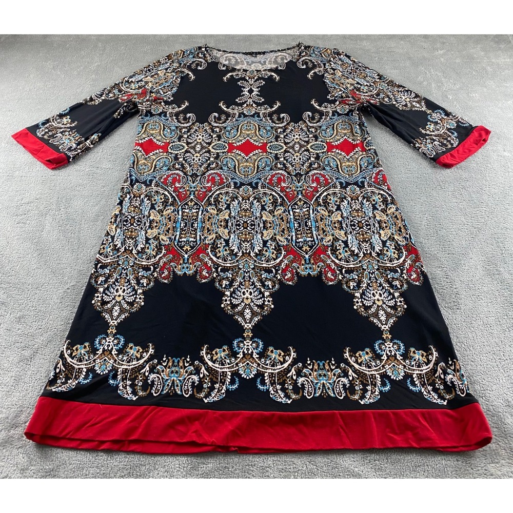 Tiana B Womens 16W Shift Dress Black Red Paisley 3/4 Sleeve Knee Length Jersey